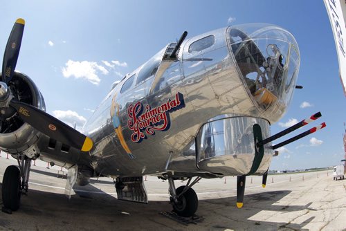 The legendary B-17 bomber is at the Western Canada Aviation Museum this week. Hundreds of people flocked to the museum to watch it land and get a tour of the old warbird. A view of the front of the warbird.  BORIS MINKEVICH / WINNIPEG FREE PRESS. August 12, 2013