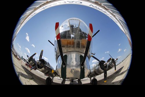 The B-17 bomber is at the Western Canada Aviation Museum this week. Fisheye lens used to show the planes nose gun.  BORIS MINKEVICH / WINNIPEG FREE PRESS. August 12, 2013