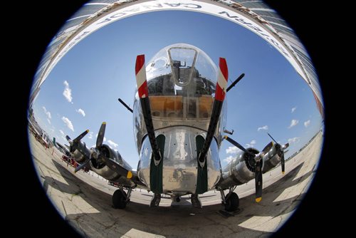 The B-17 bomber is at the Western Canada Aviation Museum this week. Fisheye lens used to show the planes nose gun.  BORIS MINKEVICH / WINNIPEG FREE PRESS. August 12, 2013