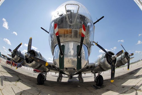 The B-17 bomber is at the Western Canada Aviation Museum this week. Fisheye lens used to show the planes nose gun.  BORIS MINKEVICH / WINNIPEG FREE PRESS. August 12, 2013