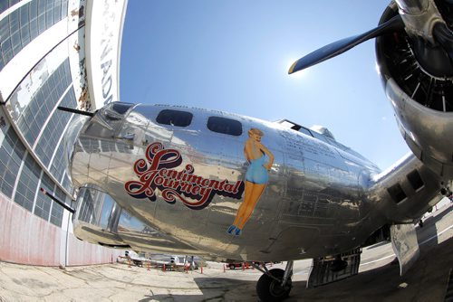 The legendary B-17 bomber is at the Western Canada Aviation Museum this week. Sentimental Journey painted on the nose of the plane.  BORIS MINKEVICH / WINNIPEG FREE PRESS. August 12, 2013