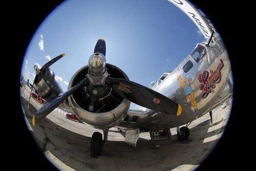The legendary B-17 bomber is at the Western Canada Aviation Museum this week. Hundreds of people flocked to the museum to watch it land and get a tour of the old warbird. Fisheye view of the front of the plane's motors.  BORIS MINKEVICH / WINNIPEG FREE PRESS. August 12, 2013