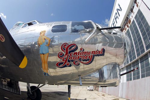 The legendary B-17 bomber is at the Western Canada Aviation Museum this week. Sentimental Journey painted on the nose of the plane.  BORIS MINKEVICH / WINNIPEG FREE PRESS. August 12, 2013