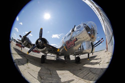 The legendary B-17 bomber is at the Western Canada Aviation Museum this week. Hundreds of people flocked to the museum to watch it land and get a tour of the old warbird. Fisheye view of the front of the warbird.  BORIS MINKEVICH / WINNIPEG FREE PRESS. August 12, 2013