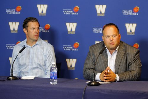 Wade Miller, left, and Kyle Walters in their first official press conference. Walters is now the acting GM and Wade Miller acting CEO. BORIS MINKEVICH / WINNIPEG FREE PRESS. August 13, 2013