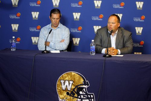 Wade Miller, left, and Kyle Walters in their first official press conference. Walters is now the acting GM and Wade Miller acting CEO. BORIS MINKEVICH / WINNIPEG FREE PRESS. August 13, 2013