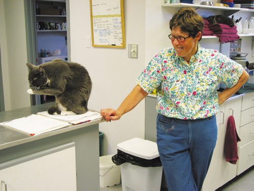 Canstar Community News Aug. 7, 2013 - St. Francois Animal Hospital veterinarian Betty Hughes stands next to one of the clinic's resident cats. (ANDREA GEARY/HEADLINER/CANSTAR)
