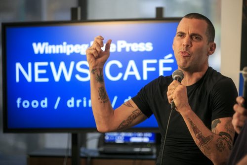 Steve-O of the TV show and movie franchise Jackass was at the Winnipeg Free Press News Caf¾© on Wednesday in advance of his  stand up show at Rumours Comedy Club Aug 14-18 in Winnipeg. 130814 - Wednesday, August 14, 2013 - (Melissa Tait / Winnipeg Free Press)