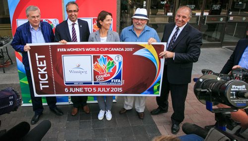 FIFA Women's World Cup Canada 2015 delegation visits Winnipeg. At City Hall on Tuesday afternoon from left to right Mustapha Fahmy, Director of Competitions FIFA,  Peter Montopoli, Chief Executive Officer, National Organising Committee, Tatjana Haenni, Deputy Director of Competitions for WomenÄôs Football FIFA, Grant Nordman, City Councillor Äì St. Charles Ward, Ron Lemieux, Manitoba Minister for Local Government. (Melissa Martin story) 130814 - Wednesday, August 14, 2013 - (Melissa Tait / Winnipeg Free Press)