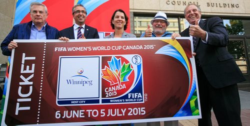 FIFA Women's World Cup Canada 2015 delegation visits Winnipeg. At City Hall on Tuesday afternoon from left to right Mustapha Fahmy, Director of Competitions FIFA,  Peter Montopoli, Chief Executive Officer, National Organising Committee, Tatjana Haenni, Deputy Director of Competitions for WomenÄôs Football FIFA, Grant Nordman, City Councillor Äì St. Charles Ward, Ron Lemieux, Manitoba Minister for Local Government. (Melissa Martin story) 130814 - Wednesday, August 14, 2013 - (Melissa Tait / Winnipeg Free Press)