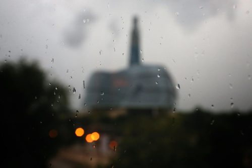 Raindrops on glass with the Canadian Museum for Human Rights, Sunday, August 18, 2013. (TREVOR HAGAN/WINNIPEG FREE PRESS) CMHR