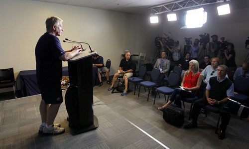 Winnipeg Blue Bombers press conference. Head Coach Tim Burke speaks to the press. BORIS MINKEVICH / WINNIPEG FREE PRESS. August 19, 2013.