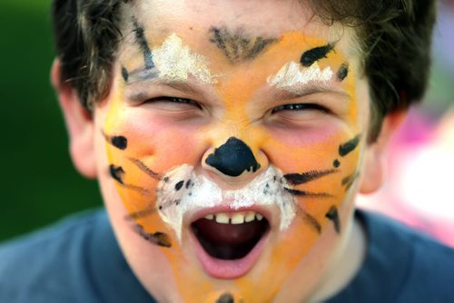 Luka Fortier age visiting from Thompson  with his family  shows off his   ferociously good time , tiger face paint.  Assiniboine Park Zoo held a Stay Cool Polar Party to cebrate Polar Bears like 2 year old Hudson .With zoo admission on Monday  the first 1000 people  got a fee stay cool button , face painting , laern about polar bear conservation  and research , take part in dunk tank  and visit with Hudson .  KEN GIGLIOTTI / Aug 19 2013 / WINNIPEG FREE PRESS
