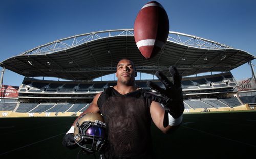 University of Manitoba Bisons DL Evan Gill for Ashley's Training Basket piece. A local boy who will start next Saturday in the Bisons historic first game at the new football field. His grandfather Pat Gill was the longtime Bisons equipment  mgr who passed away 2 years ago. August 19, 2013 - (Phil Hossack / Winnipeg Free Press)