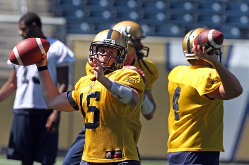 Head coach Tim Burke ,Offensive Coordinator  Marcel Bellefeuille have chosen  #15 Max Hall as starting  QB , his back up #4 Buck Pierce and third QB #18 Justin Goltz.  - Hall and  Pierce took most of the reps at a sweltering Investor's Group Filed practice  KEN GIGLIOTTI / Aug 20 2013 / WINNIPEG FREE PRESS