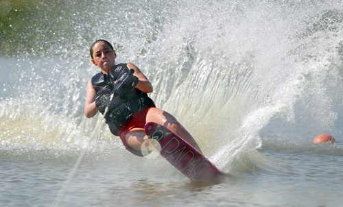 14 year old Amanda Ludlow practices some waterskiing at the Manitoba Waterski Park on Murdock Road. Ludlow was taking lessons and practicing. She has been waterskkiing for just over a year. BORIS MINKEVICH / WINNIPEG FREE PRESS. August 20, 2013.