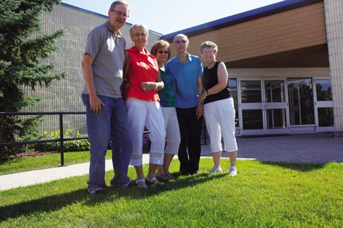 Canstar Community News Aug. 14, 2013 - Members of the Movers and Shakers Parkinson's support group are shown outside McIvor Avenue Mennonite Brethren Church. From left to right, North Kildonan residents Doug Martens, Nellie Allen, Dorothy Driedger, Nick Driedger, and Karen Gilmour. (DAN FALLOON/CANSTAR COMMUNITY NEWS/HERALD)
