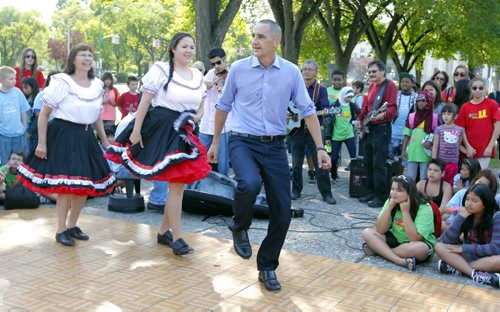 Children and Youth Opportunities Minister Kevin Chief at press conference at Memorial Park. He is dancing with a group there. He is in blue. BORIS MINKEVICH / WINNIPEG FREE PRESS. August 23, 2013.