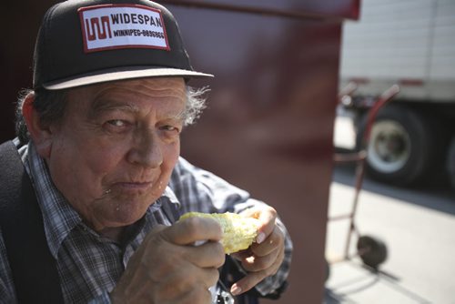 Louis Sitar of Winnipeg enjoys a cob of corn in the shade, away from the hustle and bustle of Stephen St. Established in 1967, the Morden Corn and Apple Festival is the town's chief attraction, and is always held in the fourth week of August. Friday, August 23, 2013. (JESSICA BURTNICK/WINNIPEG FREE PRESS)