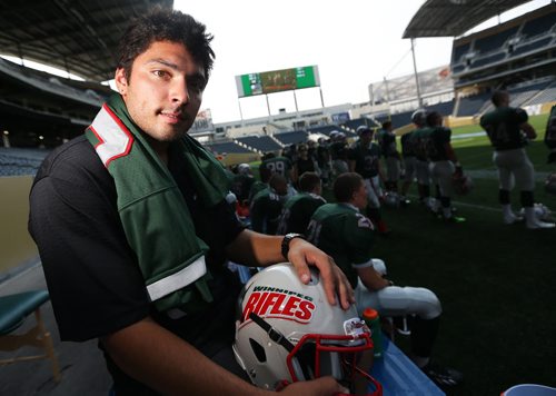 Winnipeg Rifles' Ryan Messner is fighting testicular cancer. Seen here on the sidelines during the teams game against the Edmonton Huskies, during CJFL action at Investors Group Field, Sunday, August 25, 2013. (TREVOR HAGAN/WINNIPEG FREE PRESS)