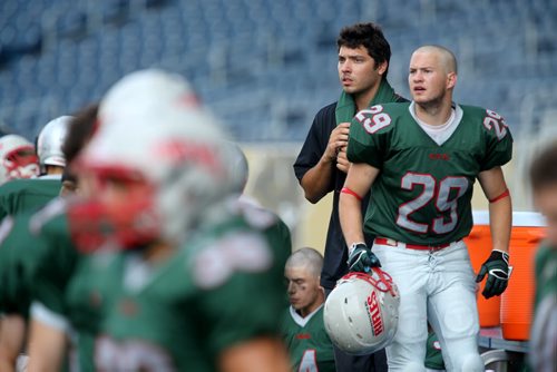 Winnipeg Rifles' Ryan Messner is fighting testicular cancer. Seen here on the sidelines during the teams game against the Edmonton Huskies, during CJFL action at Investors Group Field, Sunday, August 25, 2013. (TREVOR HAGAN/WINNIPEG FREE PRESS)