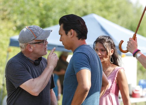 Executive producer Gary Harvey (left) shows actors Adam Beach and Michelle Thrush what he's looking for in the scene they are acting out. Season 3, Episode 2 of Arctic Air is currently being filmed at the Brokenhead First Nation near South Beach Casino off Highway 59. Tuesday, August 27, 2013. (BRAD OSWALD) (JESSICA BURTNICK/WINNIPEG FREE PRESS)