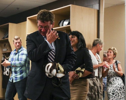 David Asper becomes emotional at the official opening of the David Asper University of Manitoba Bison Football Centre at Investors Group Field, upon seeing the facility for the first time. Wednesday, August 28, 2013. (ASHLEY PREST) (JESSICA BURTNICK/WINNIPEG FREE PRESS)