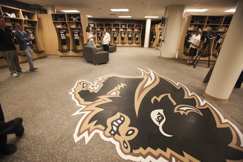 The locker room is revealed at the official opening of the David Asper University of Manitoba Bison Football Centre at Investors Group Field. Wednesday, August 28, 2013. (ASHLEY PREST) (JESSICA BURTNICK/WINNIPEG FREE PRESS)