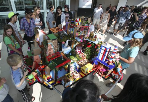 A diorama made by 160 youth from the Youth Agencies Alliance went on display at the Winnipeg Airport today. It showcases buildings and spaces that youth want to change or highlight in Winnipeg neighbourhoods. Friday, August 30, 2013. (JESSICA BURTNICK/WINNIPEG FREE PRESS)