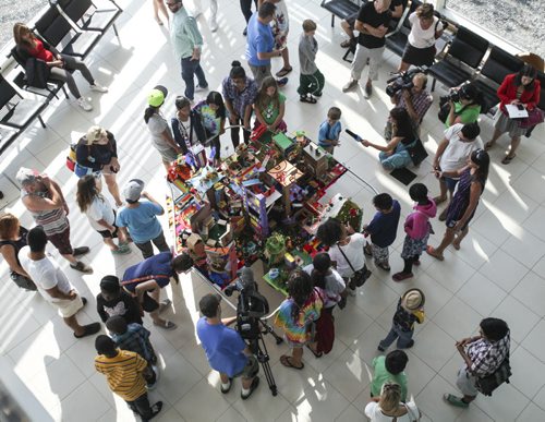 A diorama made by 160 youth from the Youth Agencies Alliance went on display at the Winnipeg Airport today. It showcases buildings and spaces that youth want to change or highlight in Winnipeg neighbourhoods. Friday, August 30, 2013. (JESSICA BURTNICK/WINNIPEG FREE PRESS)