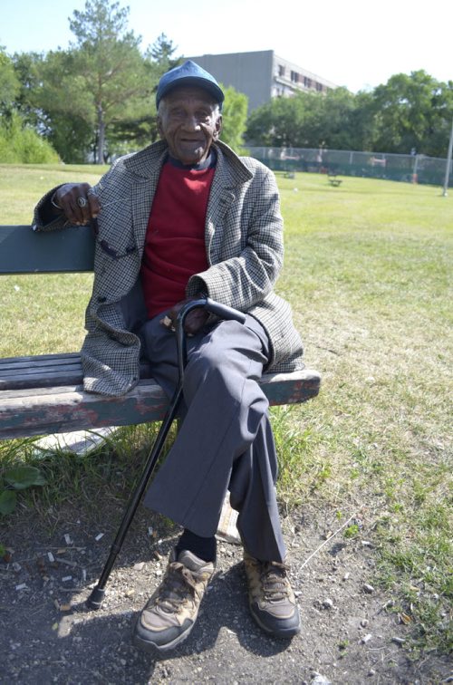Homeless 95-year-old Harold ÄúJoeÄù Brown relaxing on a park bench at Higgins and Main while waiting for lunch at his transitional place of residence, The Salvation Army. GORDON SINCLAIR JR. / WINNIPEG FREE PRESS  August 23, 2013