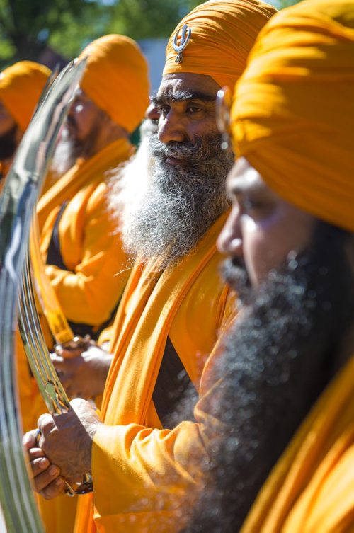 130901 Winnipeg - DAVID LIPNOWSKI / WINNIPEG FREE PRESS (September 01, 2013) Holy Sikh Priests symbolically protect the Guru Granth Sahib during Nagar Kirtan. Thousands of Sikh people participated in the annual Nagar Kirtan celebration which included a religious parade that finished at Memorial Park Sunday afternoon.
