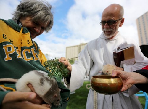Richard Edwards and Joyce Lancaster brought their female domesticated rats to Central Park to have them blessed by Pastor, Bill Millar, during a special service put on by Knox United Church, Sunday, September 1, 2013. (TREVOR HAGAN/WINNIPEG FREE PRESS)