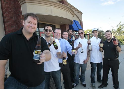 From left,  restaurateur Noel Bernie, Paulo Brochado,G.M., Richard Wiebe, partner, Justin Giasson, partner, Raj Maniar beer manager, Chef Paul Stafford, Sous Chef Sean Bernard and Diego Osorio, assistant manager in front of the soon to be a craft beer pub called Barley Brothers formerly a Kelseys restaurant at 655 Empress St. Murray McNeill story  Wayne Glowacki / Winnipeg Free Press Sept. 3 2013