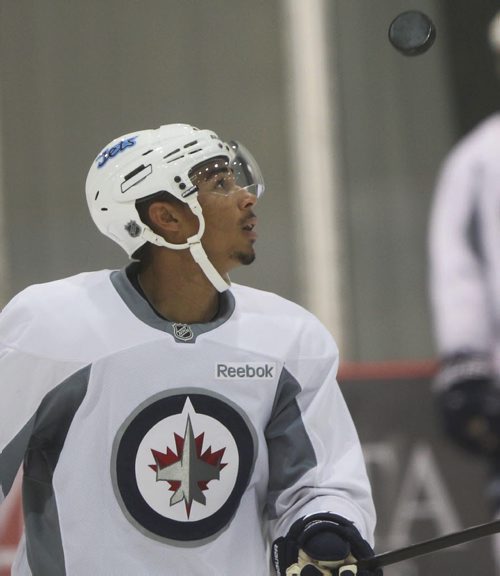 Winnipeg Jets Evander Kane does some fancy stick work with puck at practice with his team at the MTS Iceplex Tuesday-See Paul Wiecek and Gary Lawless stories- Sept 03, 2013   (JOE BRYKSA / WINNIPEG FREE PRESS)