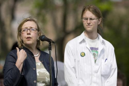 John Woods / Winnipeg Free Press / May 18/07- 070518  - Elizabeth May, leader of the federal Green Party speaks at a press conference at Coronation Park in St. Boniface Friday, May 18/07.   Provincial Green Party leader Andrew Basham listens in the background.