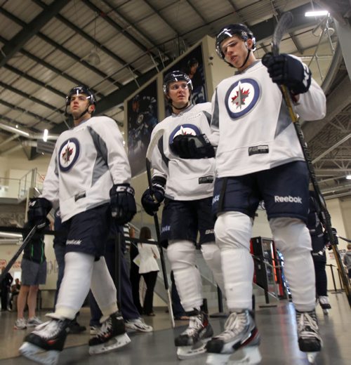 Winnipeg Jets prospects L to R  Lucas Sutter, Mark Scheifele, and Scott Komaschuk at Winnipeg Jets Rookie Camp at the MTS Iceplex Thursday-See Ed Tait Story- Sept 03, 2013   (JOE BRYKSA / WINNIPEG FREE PRESS)