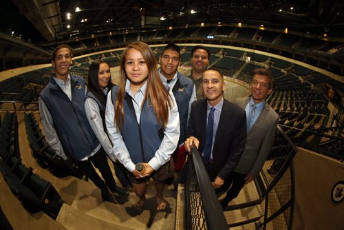 St. Johns students, Chadd Champagne-Valentim, Kelsey Lands, Cree-Ann Henderson, Tommy Raven, their counsellor, Jim Anastasiadis, Kevin Chief and Robert Thorsten, True North VP of People and Patron Services, at MTS Centre, Thursday, September 5, 2013. The grade 12 students have been in a work experience mentoring program. (TREVOR HAGAN/WINNIPEG FREE PRESS) see bruce owen story