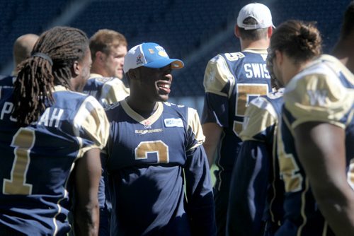 Blue Bomber Safety, Cauchy Muamba #3  chuckles with his teammates after a walk through practice at Investors Group Stadium Saturday afternoon. Sept 07,, 2013 Ruth Bonneville Winnipeg Free Press