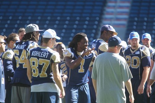 Winnipeg Blue Bombers share some laughs after a walk through practice at Investors Group Stadium Saturday afternoon. Sept 07,, 2013 Ruth Bonneville Winnipeg Free Press