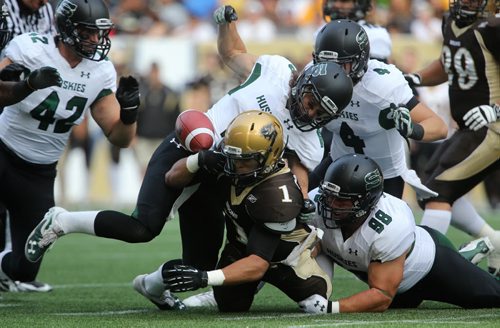 University of Manitoba Bisons' Anthony Coombs has the ball ripped from his hands after being tackled by a pair of University of Saskatchewan Huskies' at Investors Group Field, Saturday, September 7, 2013. (TREVOR HAGAN/WINNIPEG FREE PRESS)