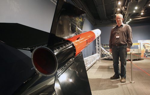 Scott Young Manager of Science Communications and Visitor Experiences with new Black Brant Rocket display at Manitoba Museum--See Kevin Rollason story - Sept 09, 2013   (JOE BRYKSA / WINNIPEG FREE PRESS)