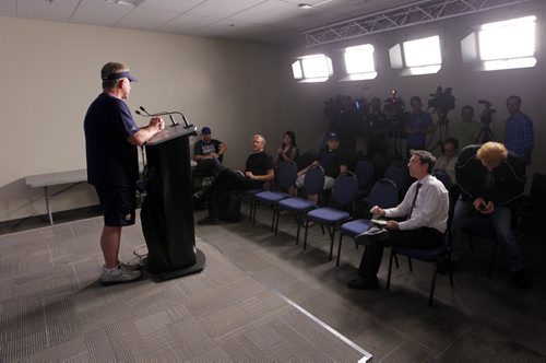 Winnipeg Blue Bombers coach Tim Burke at his press conference. BORIS MINKEVICH / WINNIPEG FREE PRESS. Sept. 10, 2013