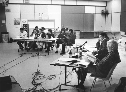Native Justice Inquiry - The Aboriginal Justice Inquiry - Sandy Bay, Manitoba. Commissioners Alvin Hamilton (right, foreground) and Murray Sinclair. March 2 1989. Ken Gigliotti / Winnipeg Free Press.