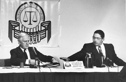 Native Justice Inquiry - The Aboriginal Justice Inquiry - Commissioners Alvin Hamilton (L) and Murray Sinclair. November 15 1989. Dave Johnson / Winnipeg Free Press.
