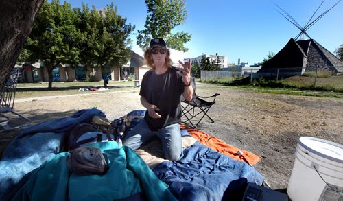 Homeless, George Koshurba, a former addict camps out on the grounds of Thunderbird House after being evected, wrongfully, he says from the Salvation Army..See Margo Goodhand Editorial. Sept 13, 2013 - (Phil Hossack / Winnipeg Free Press)