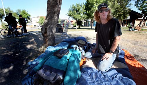Homeless, George Koshurba, a former addict camps out on the grounds of Thunderbird House after being evected, wrongfully, he says from the Salvation Army..See Margo Goodhand Editorial. Sept 13, 2013 - (Phil Hossack / Winnipeg Free Press)