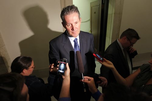 Manitoba Progressive Conservative party leader Brian Pallister addresses the media after question period. BORIS MINKEVICH / WINNIPEG FREE PRESS. Sept. 13, 2013