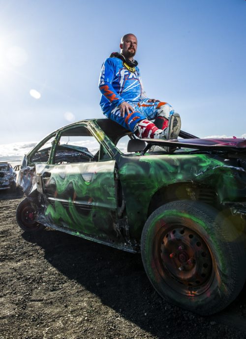 130914 Winnipeg - DAVID LIPNOWSKI / WINNIPEG FREE PRESS (September 14, 2013)  Marvin Penner - his first demolition race, he usually races moto-x. Driver portraits following the finish of the 4th Annual Teen Challenge Demolition Derby at Red River Co-op Speedway Saturday afternoon.   Daring drivers drove donated vehicles prepared by Teen Challenge students and graduates. Proceeds from the event went towards the addiction recovery and awareness programs offered by Teen Challenge of Central Canada.