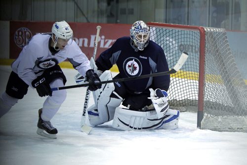 Winnipeg Jets NHL practice at the MTS IcePlex. Goalie #1 Jussi Olkinuora. (#41 Jason Jaffray) BORIS MINKEVICH / WINNIPEG FREE PRESS. Sept. 16, 2013